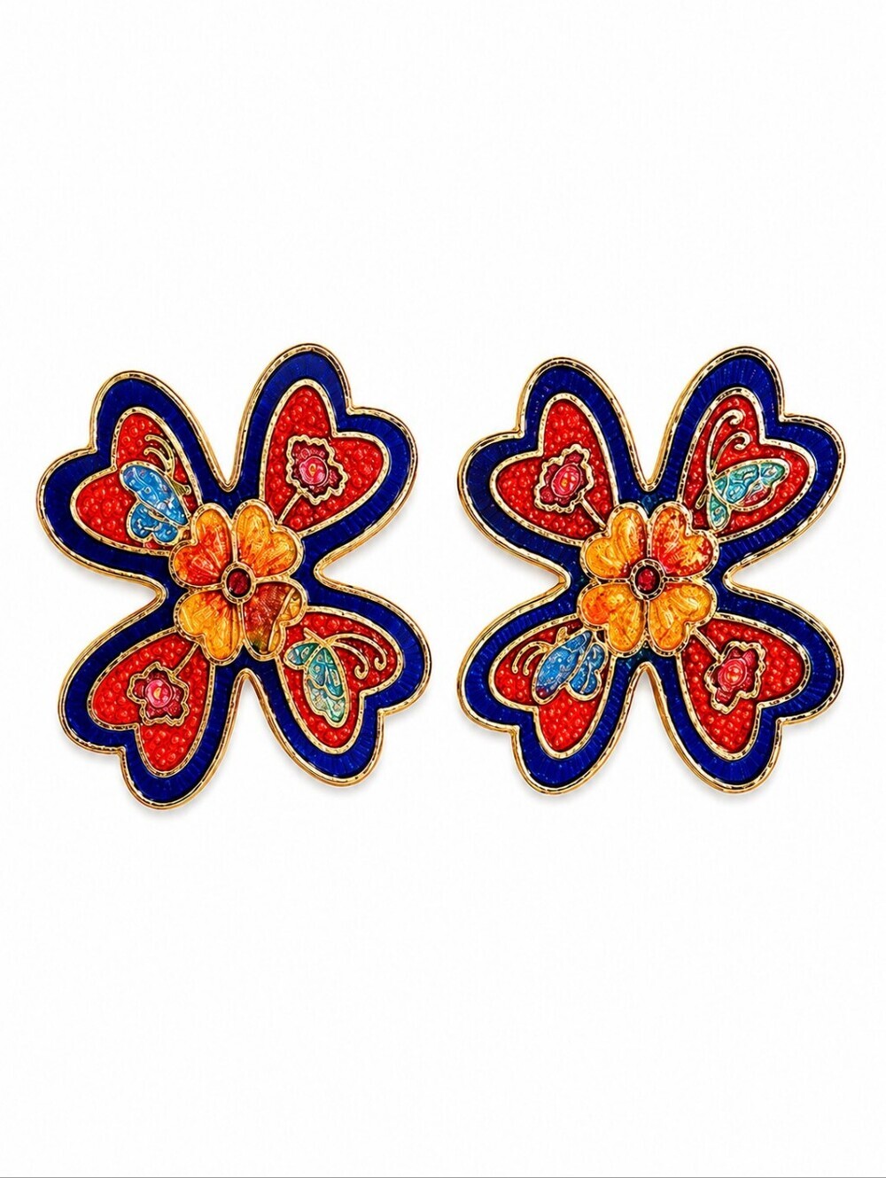 VTG Red Cloisonne Floral Post Earrings